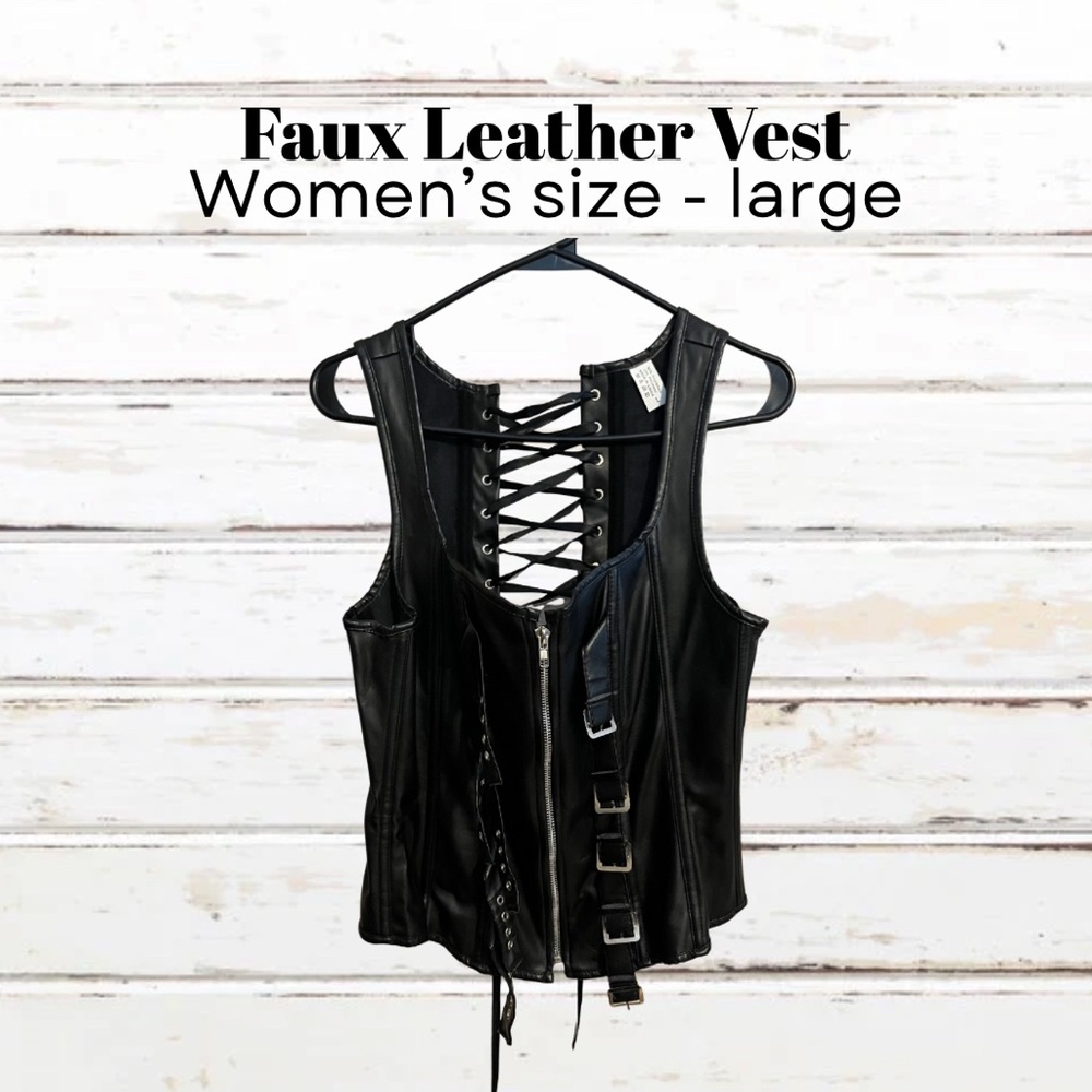 Black Faux Leather Vest with Lace-Up Detail